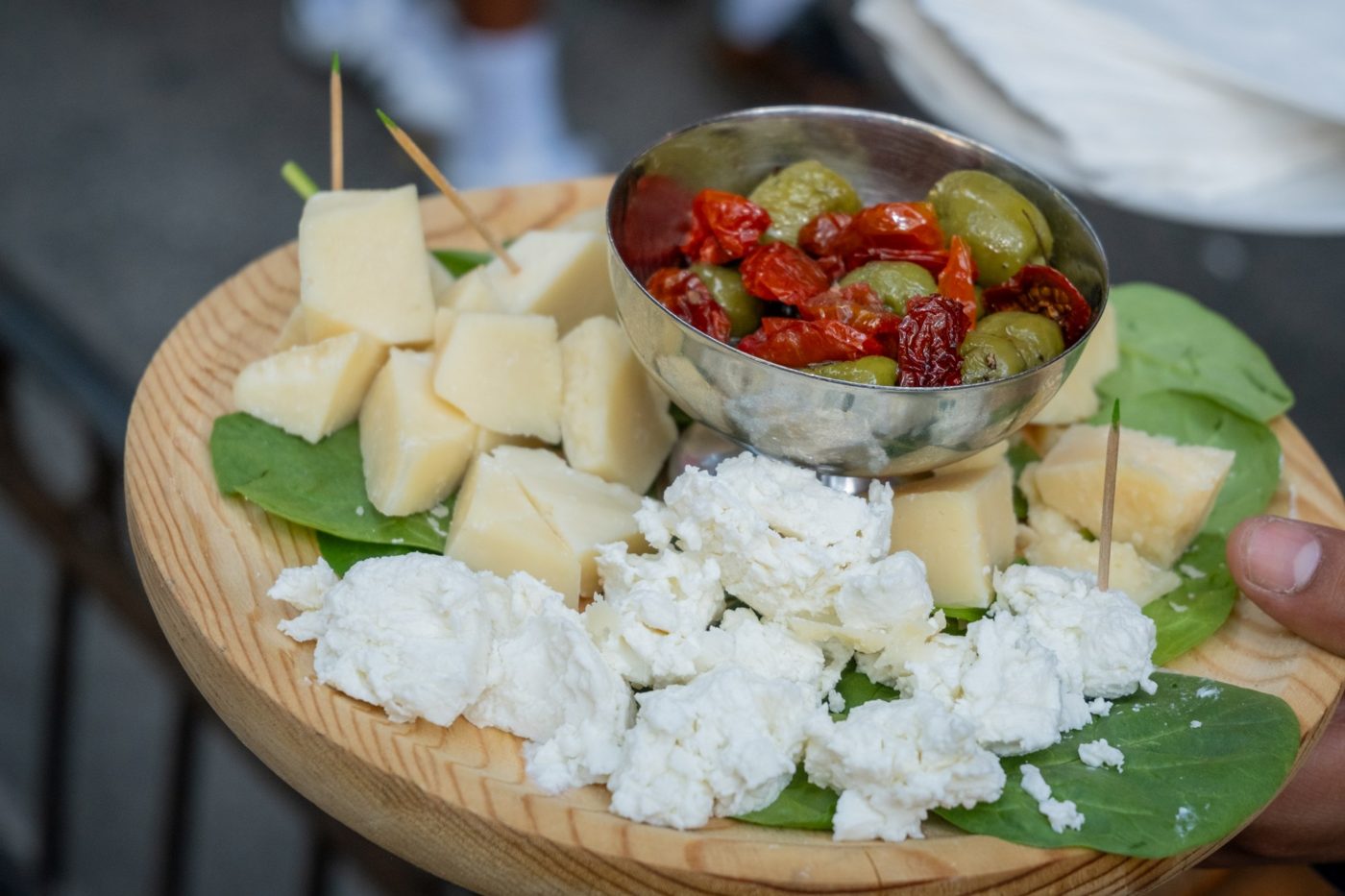 A Sicilian cheese and olive board served at the launch